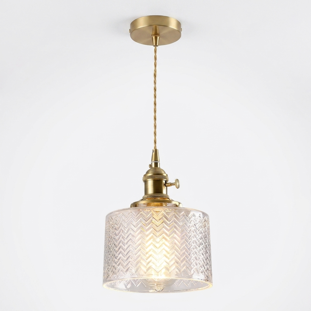 Luminaire Suspension Verre Gravé - Motif Chevron & Laiton Doré eispas
