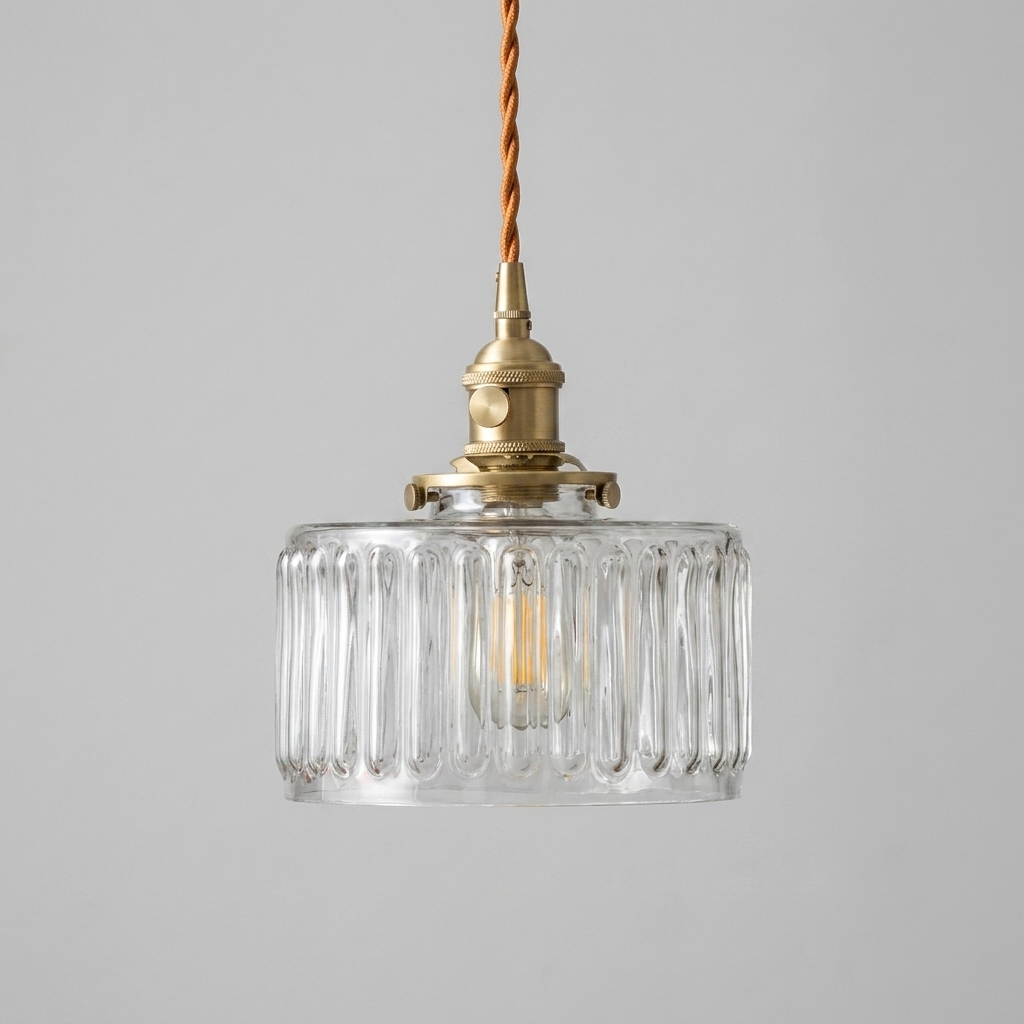 Luminaire Suspension Verre Cannelé - Motif Arcade & Laiton Doré eispas