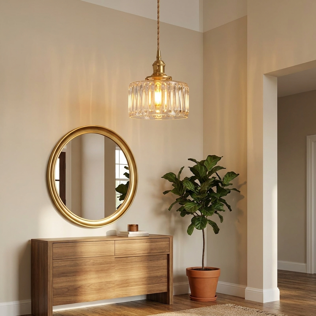 Luminaire Suspension Verre Cannelé - Motif Arcade & Laiton Doré eispas