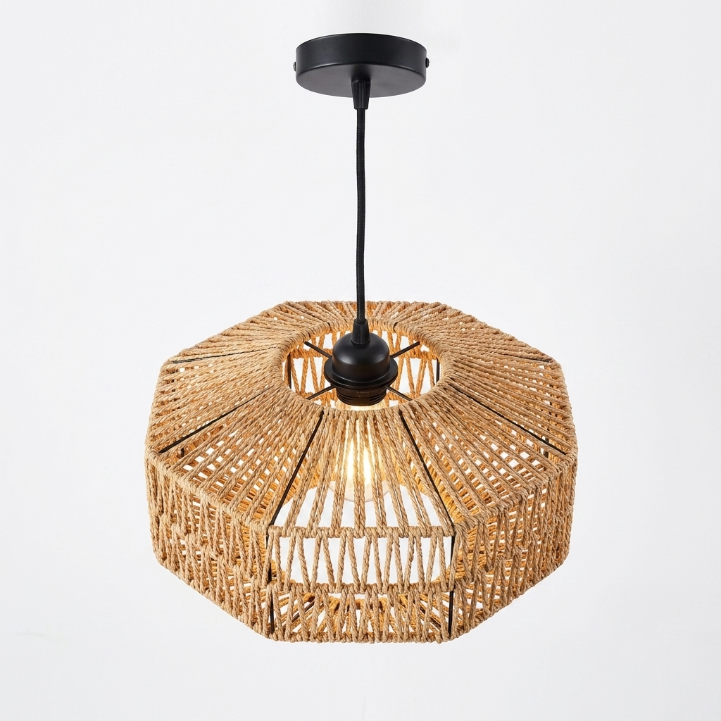 Luminaire Suspension Rotin - Lanterne Hexagonale & Corde Naturelle eispas