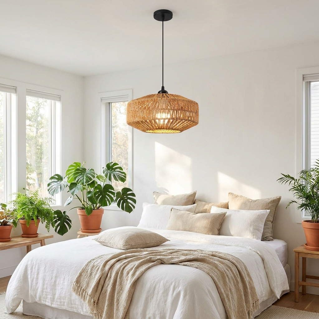 Luminaire Suspension Rotin - Lanterne Hexagonale & Corde Naturelle eispas