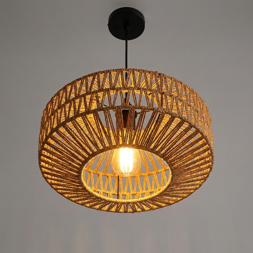 Luminaire Suspension Rotin - Lanterne Hexagonale & Corde Naturelle eispas