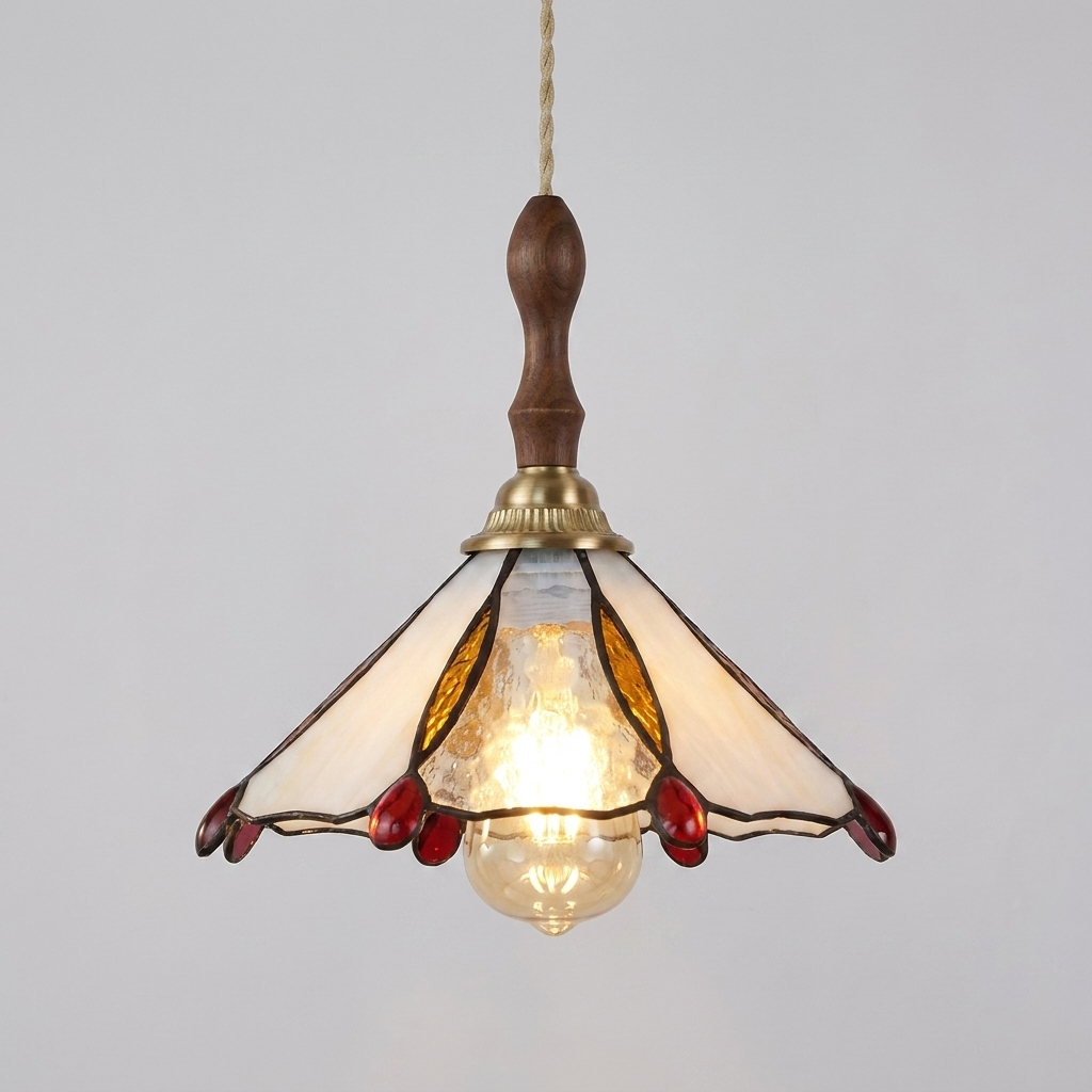 Luminaire Suspension Verre Tiffany - Tige Noyer & Douille Cuivre eispas
