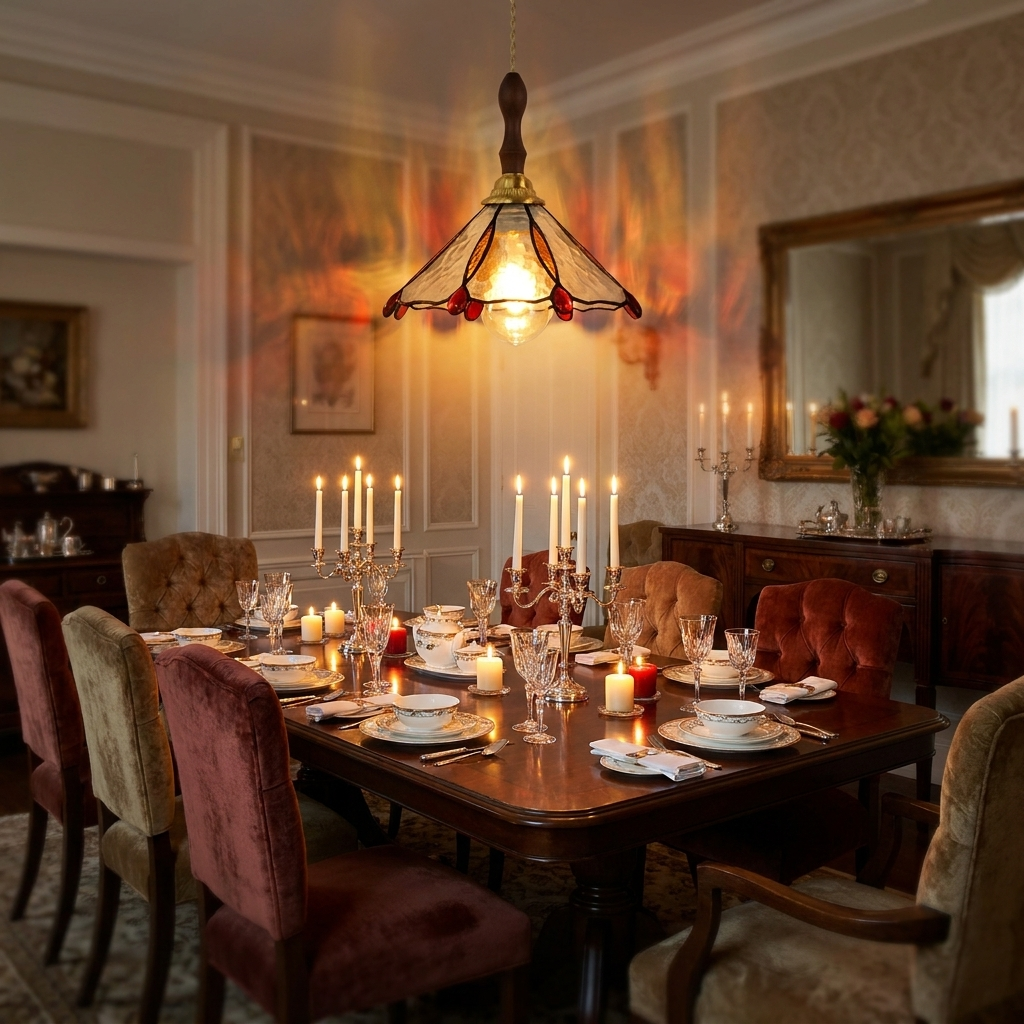 Luminaire Suspension Verre Tiffany - Tige Noyer & Douille Cuivre eispas