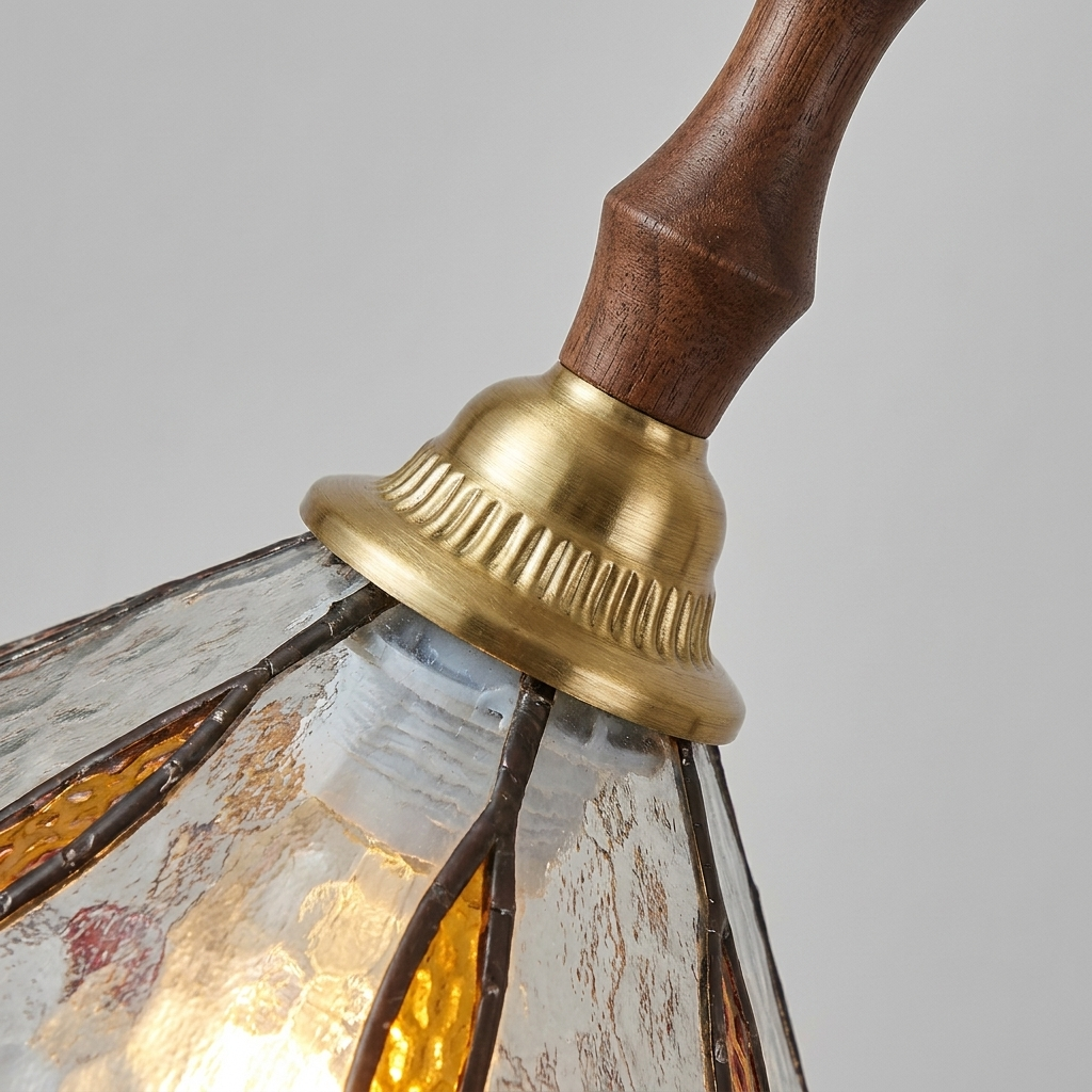 Luminaire Suspension Verre Tiffany - Tige Noyer & Douille Cuivre eispas