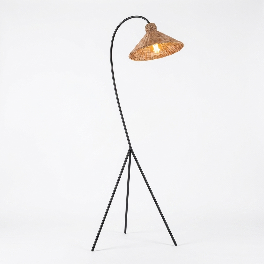 Lampadaire Trépied Rotin - Tige Courbée & Structure Métal Noir eispas