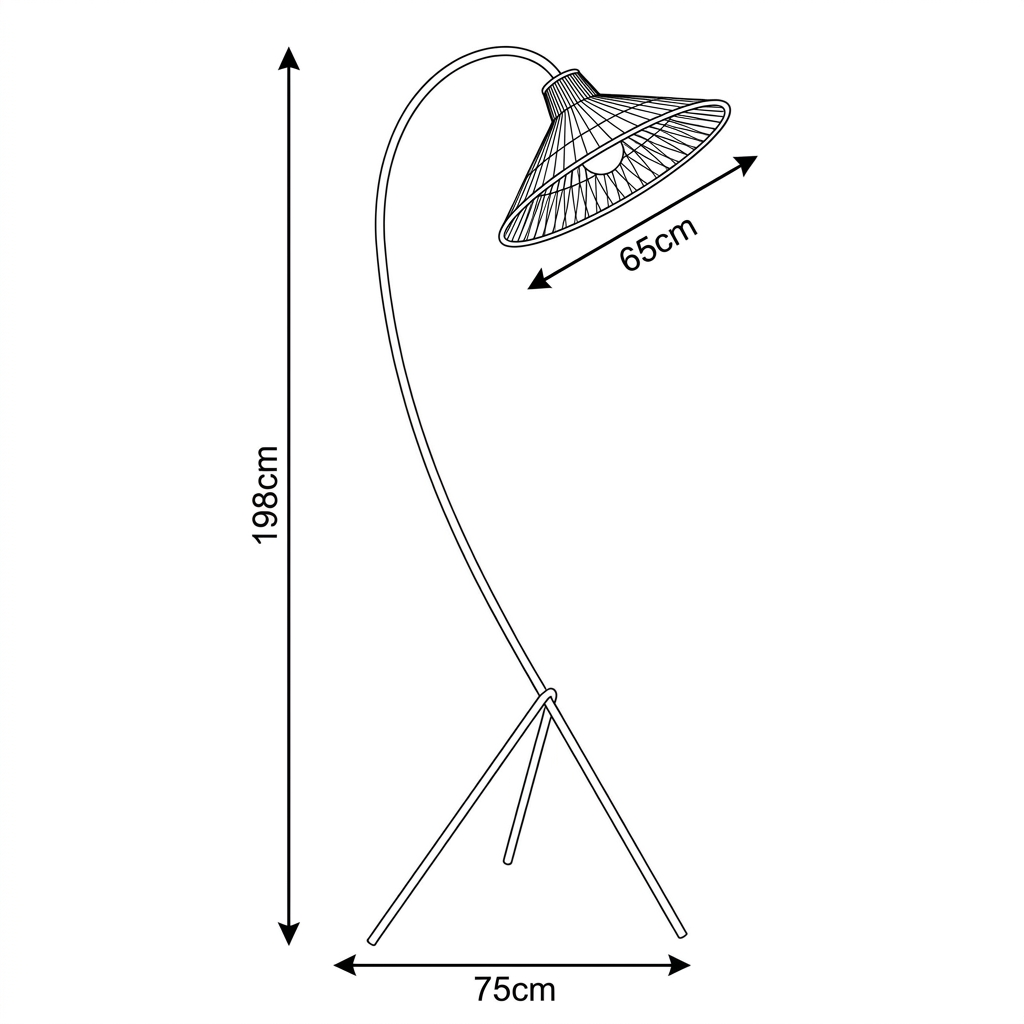 Lampadaire Trépied Rotin - Tige Courbée & Structure Métal Noir eispas