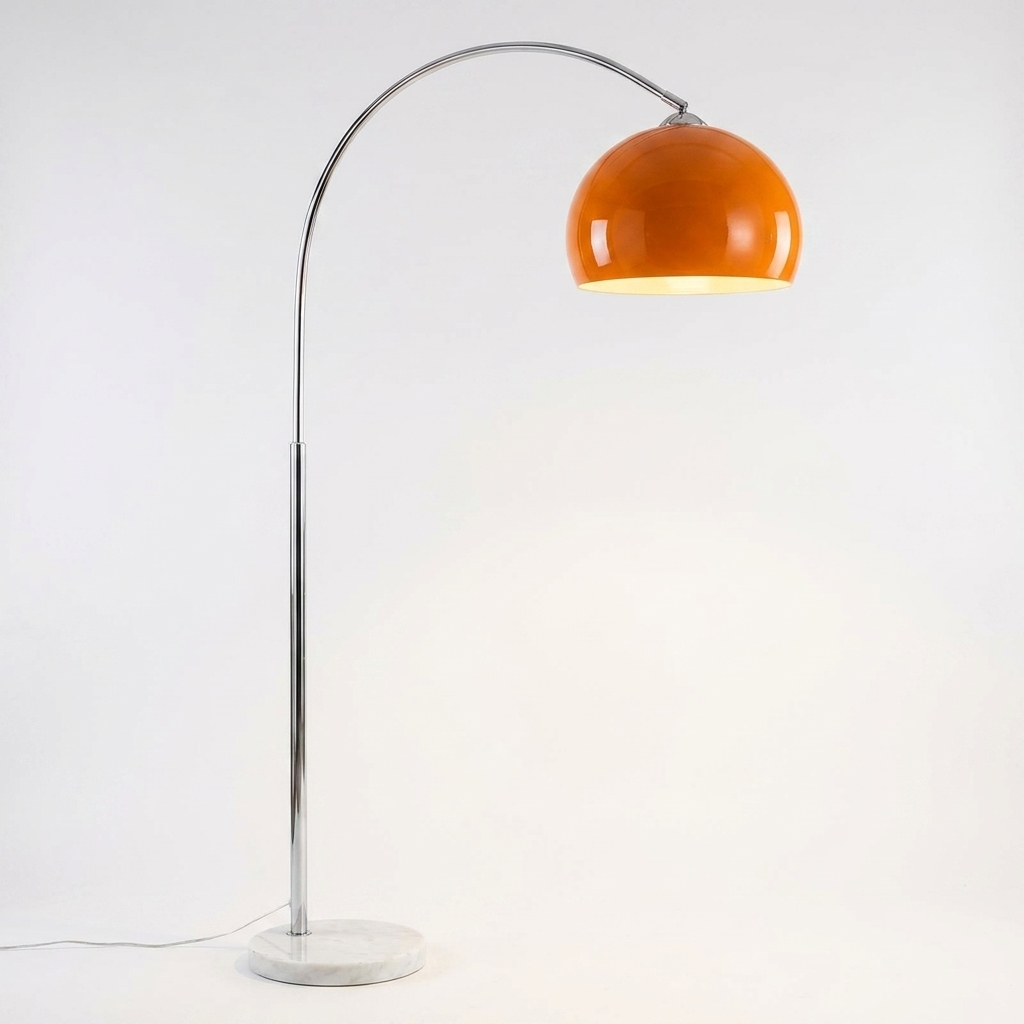 Lampadaire arc - abat-jour orange, tige chromée, hauteur ajustable eispas