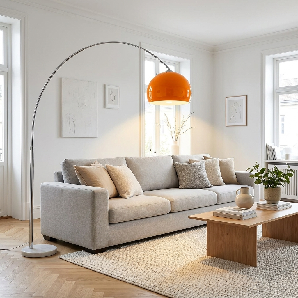 Lampadaire arc - abat-jour orange, tige chromée, hauteur ajustable eispas