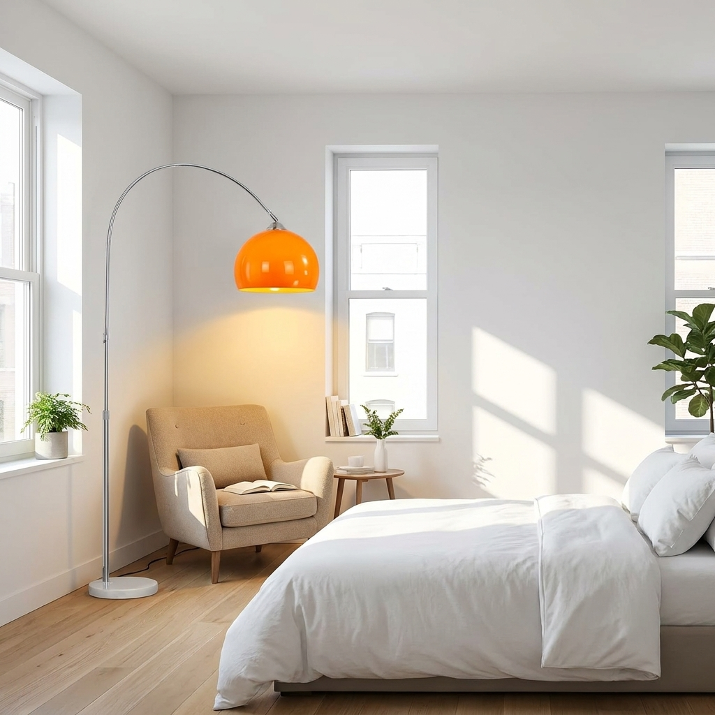 Lampadaire arc - abat-jour orange, tige chromée, hauteur ajustable eispas
