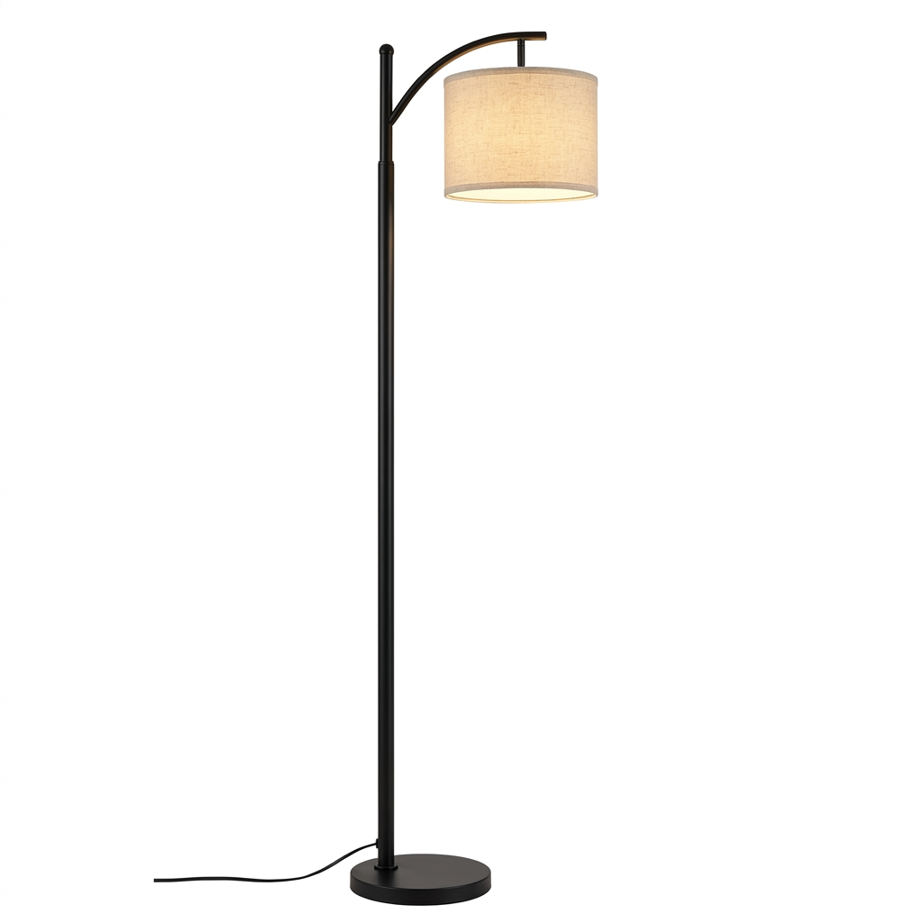 Lampadaire arc tige noire - abat-jour tambour lin beige, 3 températures eispas