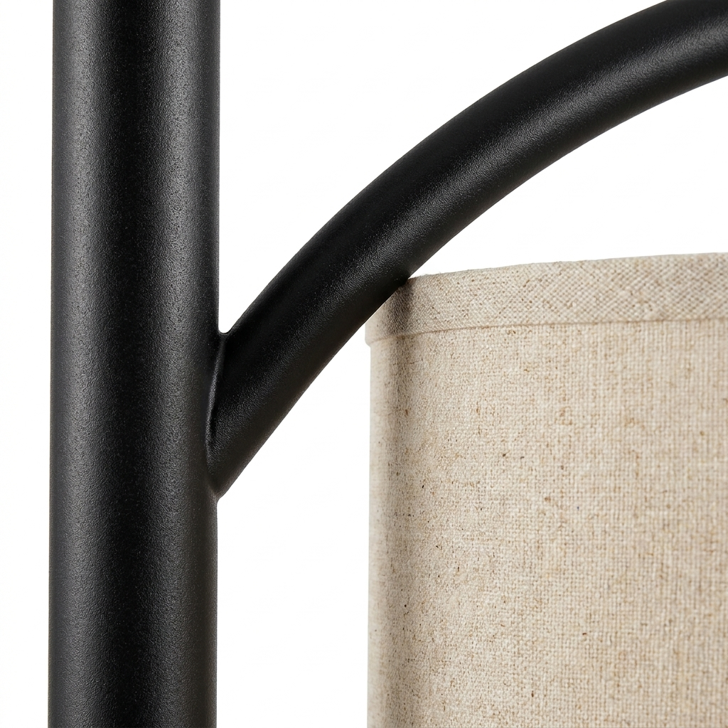 Lampadaire arc tige noire - abat-jour tambour lin beige, 3 températures eispas