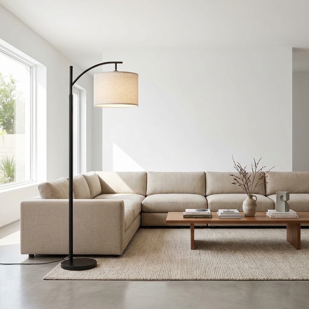 Lampadaire arc tige noire - abat-jour tambour lin beige, 3 températures eispas